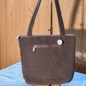 The SAK Taupe Crochet Double Handle Shoulder Bag